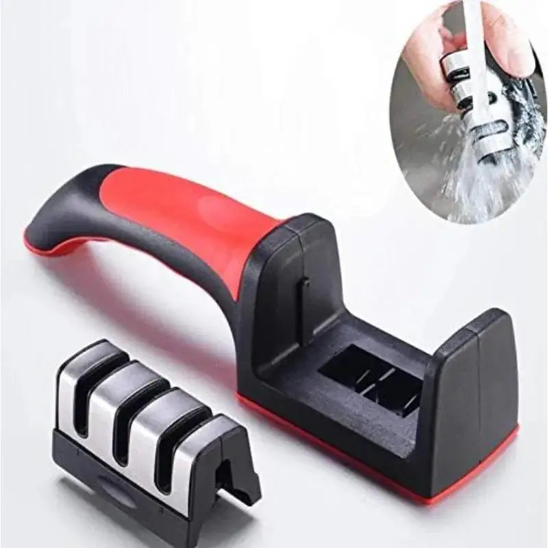 Afilador manual de 3 segmentos para cuchillos de cocina; incluye base de acero inoxidable y piedra de triple función para herramientas de cocina.