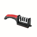 Afilador manual de 3 segmentos para cuchillos de cocina; incluye base de acero inoxidable y piedra de triple función para herramientas de cocina.