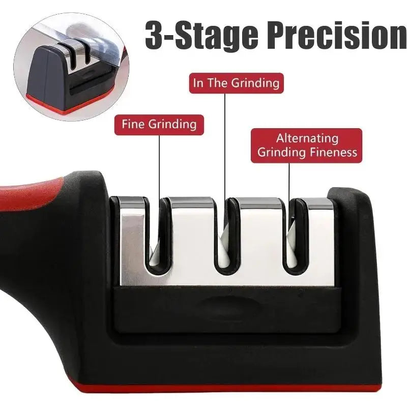Afilador manual de 3 segmentos para cuchillos de cocina; incluye base de acero inoxidable y piedra de triple función para herramientas de cocina.