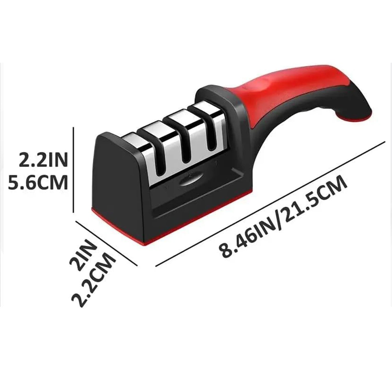 Afilador manual de 3 segmentos para cuchillos de cocina; incluye base de acero inoxidable y piedra de triple función para herramientas de cocina.