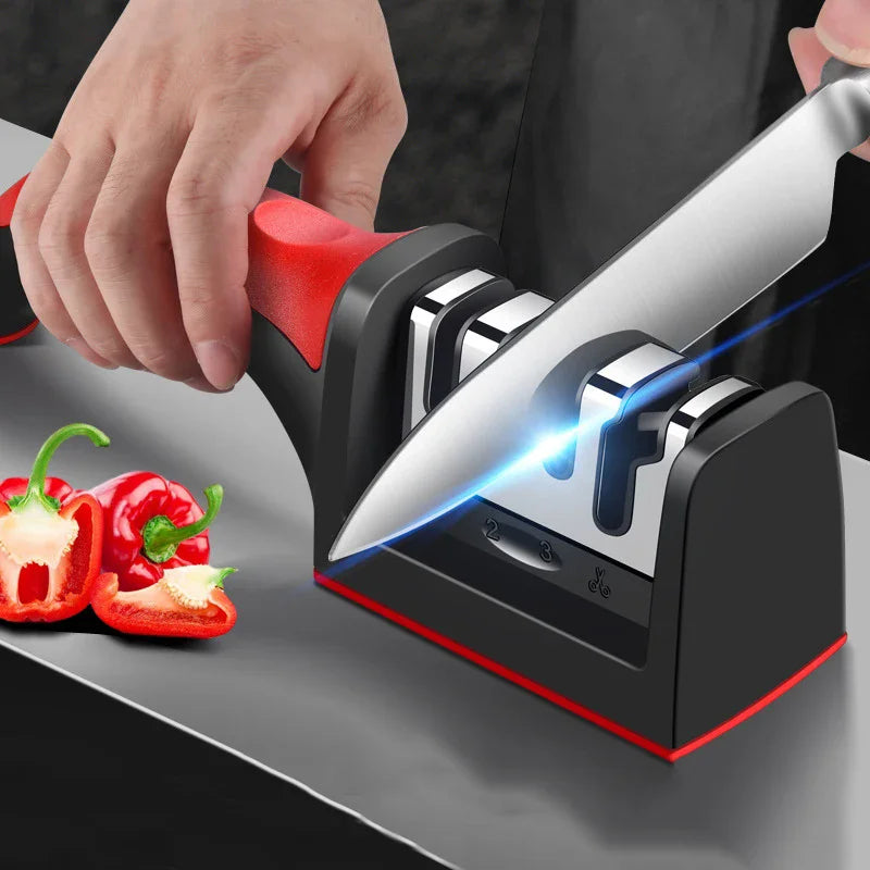 Afilador manual de 3 segmentos para cuchillos de cocina; incluye base de acero inoxidable y piedra de triple función para herramientas de cocina.
